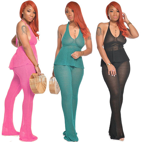 Sexy Halter Backless Solid Color Flared Pants Two Pieces Suits XT-0009
