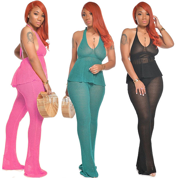 Sexy Halter Backless Solid Color Flared Pants Two Pieces Suits XT-0009