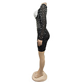 NEW Women Hot Drilling Patchwork Black Mesh Party Short Dress BY-6858