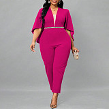 Elegant Lady V-neck Bat Cape Solid Color Plus Size Jumpsuit NNWY-3049