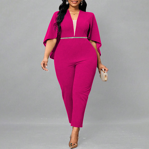 Elegant Lady V-neck Bat Cape Solid Color Plus Size Jumpsuit NNWY-3049