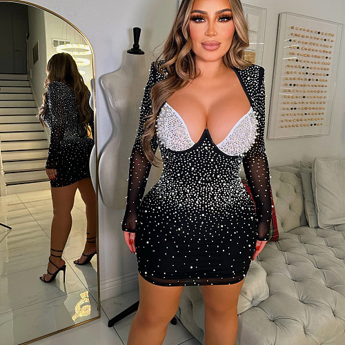 NEW Women Hot Drilling Patchwork Black Mesh Party Short Dress BY-6858