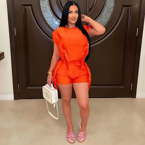 Women's Short Sleeve Tassel Sexy Two-piece Shorts Suit MDF-5397