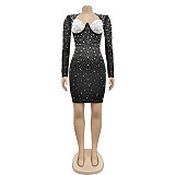 NEW Women Hot Drilling Patchwork Black Mesh Party Short Dress BY-6858