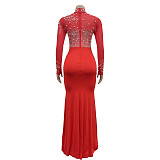 Elegant Ladies Hot Drilling Mesh Patchwork Transparent Split Maxi Dress BY-6825