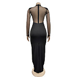Sexy Hot Drilling Black Mesh Patchwork Transparent Split Maxi Dress BY-6823