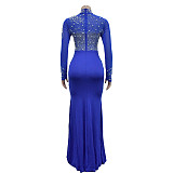 Elegant Ladies Hot Drilling Mesh Patchwork Transparent Split Maxi Dress BY-6825