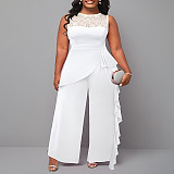 2024 Elegant Women Lace Patchwork Loose Straight Large Size Jumpsuit NNWY-3047