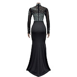 Elegant Ladies Hot Drilling Mesh Patchwork Transparent Split Maxi Dress BY-6825