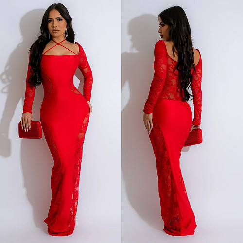 Sexy Backless Patchwork Solid Color Slim Long Party Dresses BY-6865