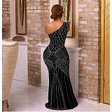 Sexy Women Single Shoulder Hot Drilling Black Long Dresses BY-6818