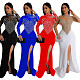 Elegant Ladies Hot Drilling Mesh Patchwork Transparent Split Maxi Dress BY-6825