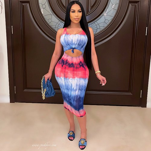 Stylish Printed Women Hollow Out Bodycon Long Dresses XT-8849