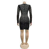 NEW Women Hot Drilling Patchwork Black Mesh Party Short Dress BY-6858