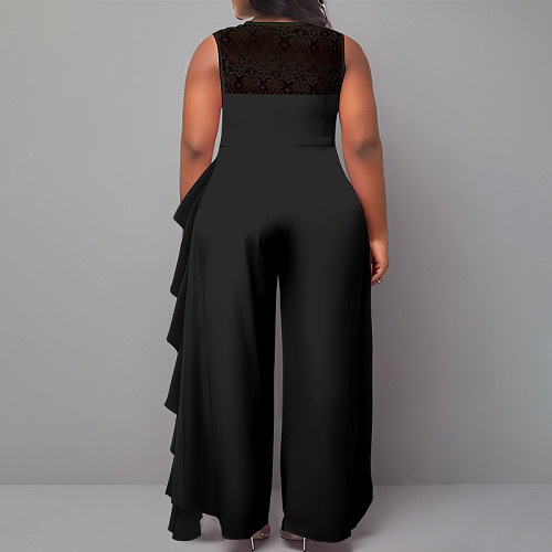 2024 Elegant Women Lace Patchwork Loose Straight Large Size Jumpsuit NNWY-3047