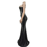 Sexy Women Single Shoulder Hot Drilling Black Long Dresses BY-6818