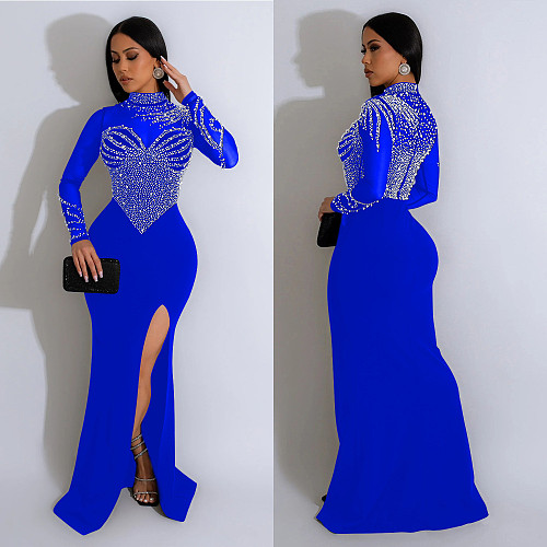 Elegant Ladies Hot Drilling Mesh Patchwork Transparent Split Maxi Dress BY-6825