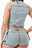 Casual Women Multi-pockets Vest Stretch Denim Shorts Suit YUN-51065
