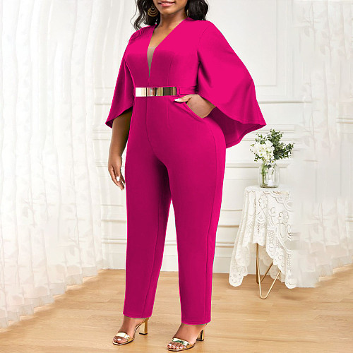 Elegant Lady V-neck Bat Cape Solid Color Plus Size Jumpsuit NNWY-3049