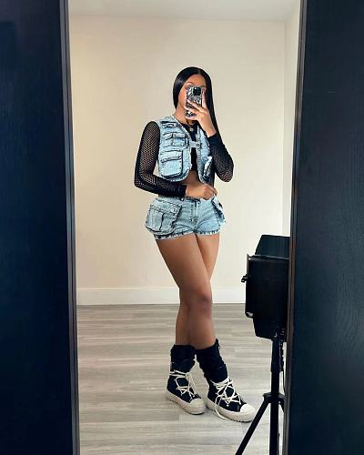 Casual Women Multi-pockets Vest Stretch Denim Shorts Suit YUN-51065