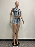 Casual Women Multi-pockets Vest Stretch Denim Shorts Suit YUN-51065