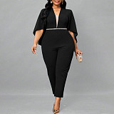 Elegant Lady V-neck Bat Cape Solid Color Plus Size Jumpsuit NNWY-3049