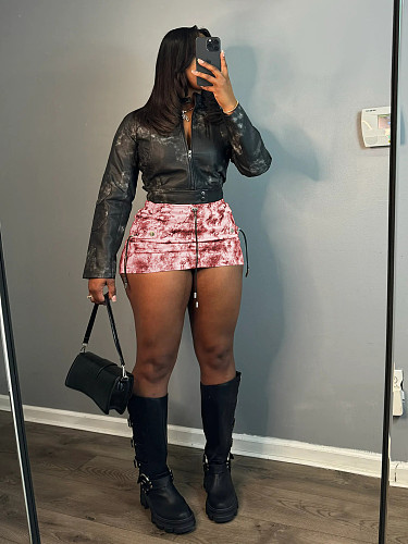 Fashion Print Women Pleated Zipper Pocket Short Skirt XT-8305