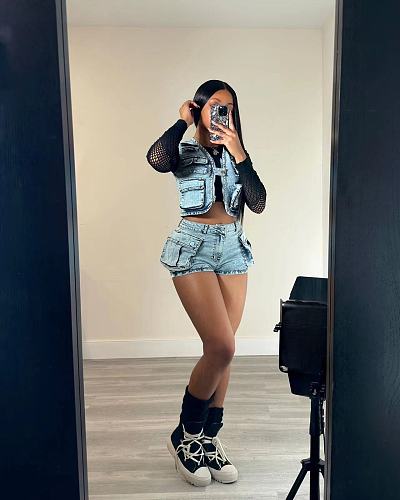 Casual Women Multi-pockets Vest Stretch Denim Shorts Suit YUN-51065