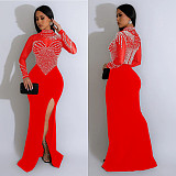 Elegant Ladies Hot Drilling Mesh Patchwork Transparent Split Maxi Dress BY-6825