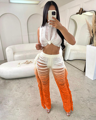 Gradient Knitted Tassel Two Piece Pants Set TR-1263