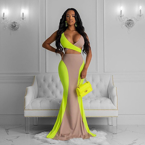 Sexy Wrapped Chest Splicing Floor-length Skirt Sets 2pcs MK-2032