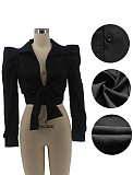 Lace Up Tie Bow Long Sleeve V-neck Blouse Top RS-M3004