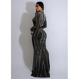 Stylish Hot Drilling Mesh Transparent Slim Long Dresses BY-6863
