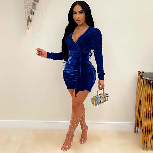 Sexy Deep-V Long Sleeves Velvet Package Hips Mini Club Dress HXZY-0239