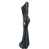 Stylish Hot Drilling Mesh Transparent Slim Long Dresses BY-6863