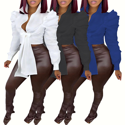 Lace Up Tie Bow Long Sleeve V-neck Blouse Top RS-M3004