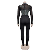 Stylish Lady Mesh Hot Drilling Patchwork Long Jumpsuit BY-6912