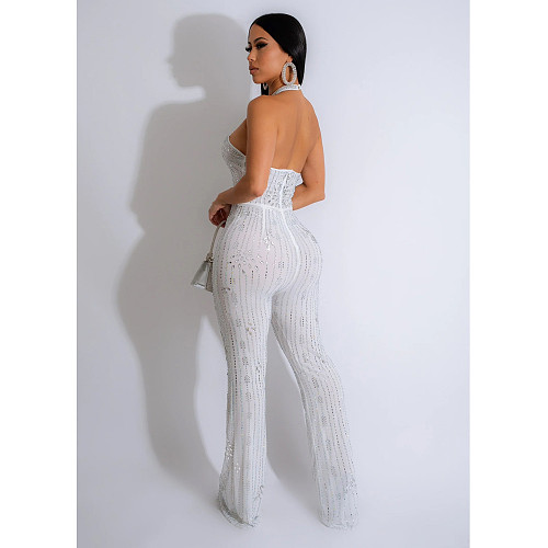 Fashion Hot Drilling Women Sexy Backless Halter Long Jumpsuit BY-6867