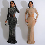 Stylish Hot Drilling Mesh Transparent Slim Long Dresses BY-6863