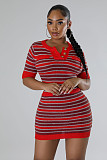 Fashion Women Stripes Knitted Round Neck Slim Mini Dress OSM-4410