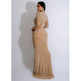 Stylish Hot Drilling Mesh Transparent Slim Long Dresses BY-6863
