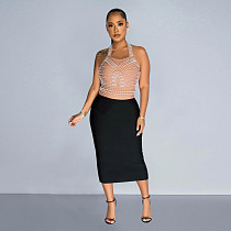 Fashion Hot Drilling Mesh Patchwork Halter Women Slim Maxi Dress BY-6873