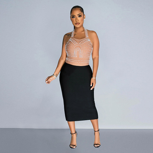 Fashion Hot Drilling Mesh Patchwork Halter Women Slim Maxi Dress BY-6873
