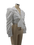 Lace Up Tie Bow Long Sleeve V-neck Blouse Top RS-M3004