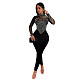 Stylish Lady Mesh Hot Drilling Patchwork Long Jumpsuit BY-6912