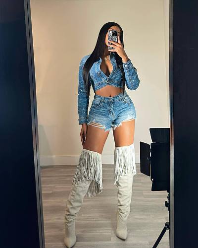 Stylish Hot Drilling Crop Jacket And Shorts Women Denim Suits AL-7510