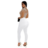 Stylish Lady Mesh Hot Drilling Patchwork Long Jumpsuit BY-6912