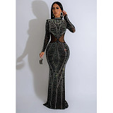 Stylish Hot Drilling Mesh Transparent Slim Long Dresses BY-6863