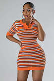 Fashion Women Stripes Knitted Round Neck Slim Mini Dress OSM-4410