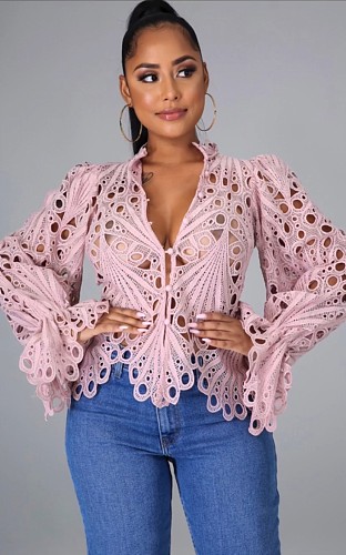 Sexy Lace Long Sleeve Ruffled Tops Cute Puff Flare Blouses YPG-1149